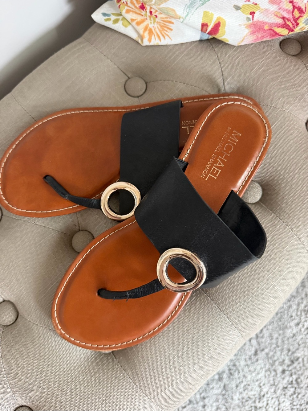 Michael Shannon Black Leather Slide Sandals with Gold Ring